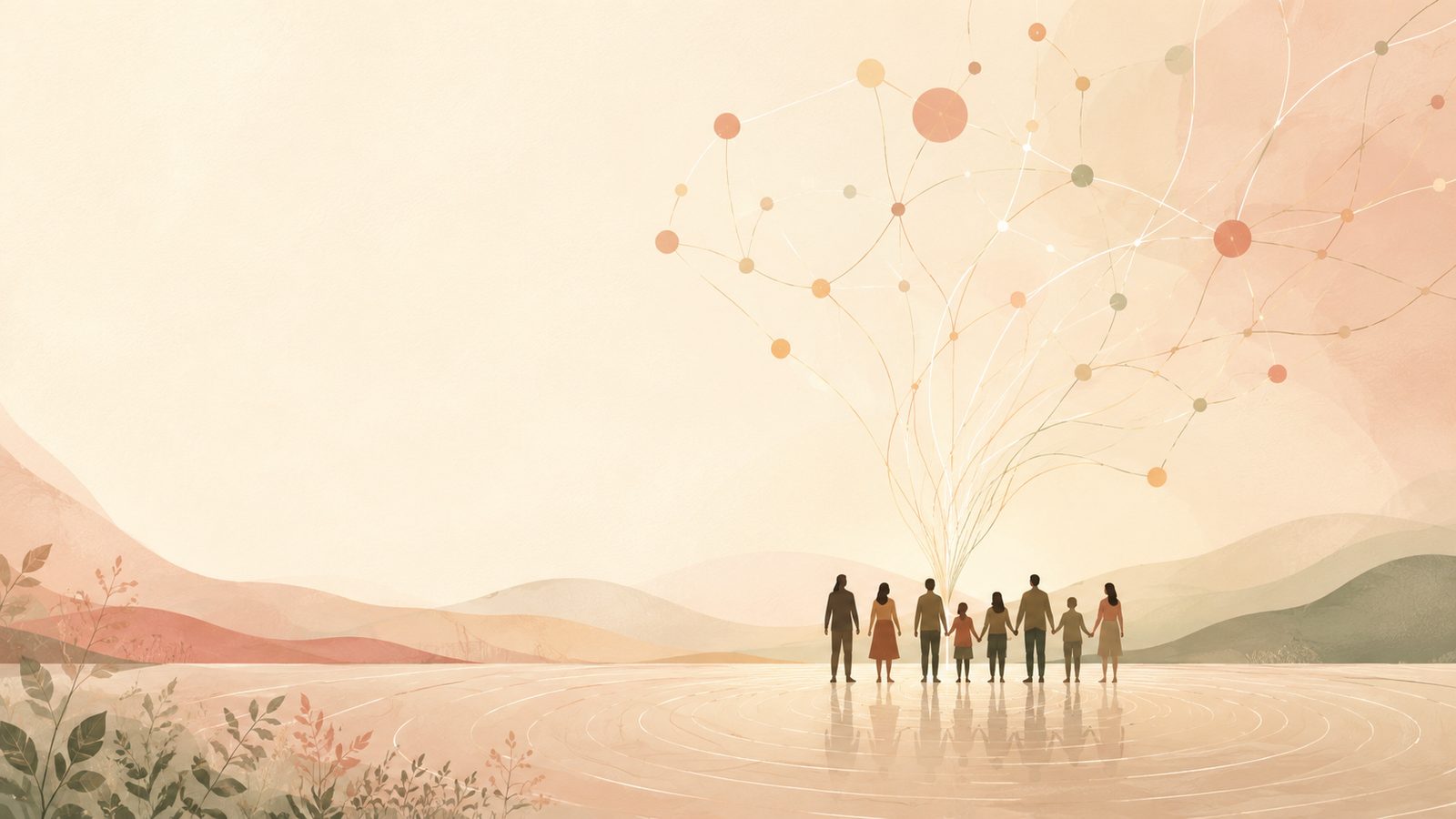 People holding hands, connected by a growing network — technology in service of community
